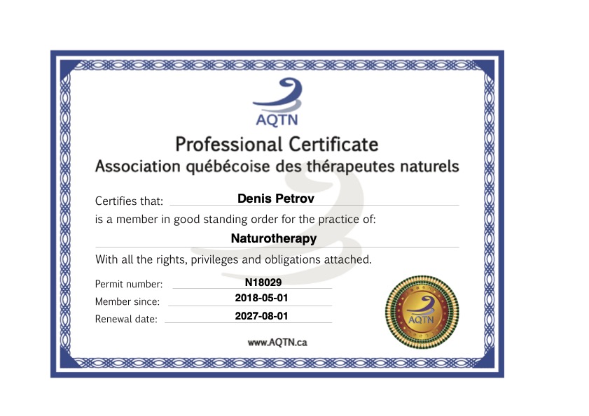 Professional Certificate - Naturothérapy Denis Petrov AQTN Quebec